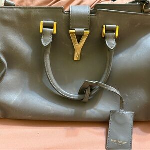 Saint Laurent Dark Gray Leather Handbag with Gold Hardware